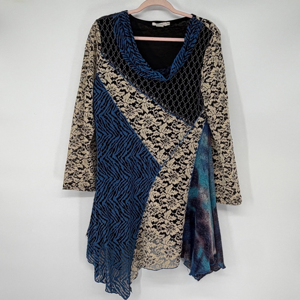 Feratelli Artsy Patchwork Tunic Top L Blue‎ Asymmetrical Lagenlook